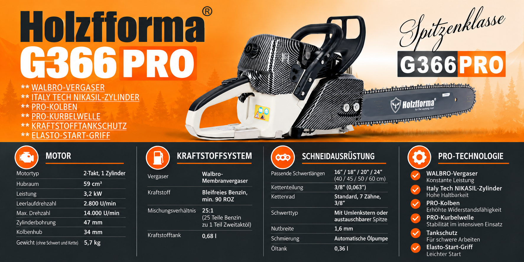 Holzfforma G366 PRO 59cc - specificatii tehnice